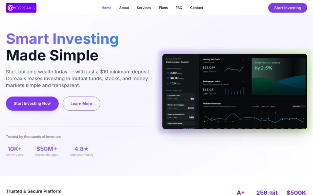 скриншот сайта coreaxis.xyz инвестиционная платформа обзор интерфейса